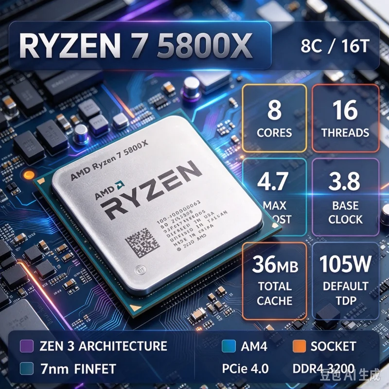 AMD Ryzen7 5800X Multi-tasking Desktop Processor 8C16T 4.7GHz Turbo 32MB L3 Cache AM4 DDR4 3200 MT/s