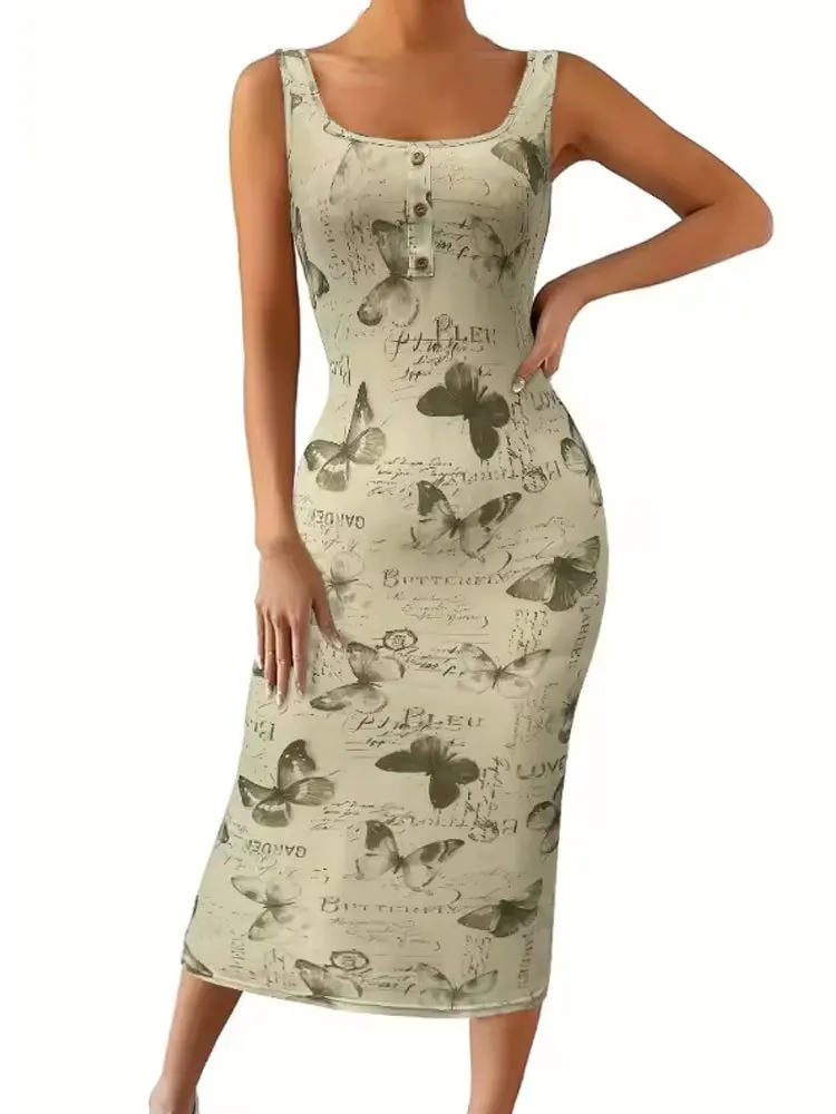 Dress Spring Women's Mid-Length Print U-Collar Vest-Style Slim-Fit Long Dress Spring Dropshipping