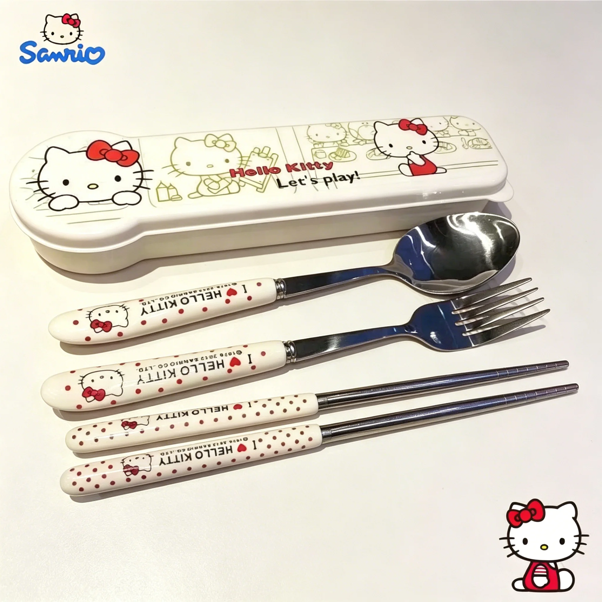 

Sanrio Hello Kitty tableware stainless steel chopsticks spoon fork sweet anime stylish portable kawaii three-piece set tableware