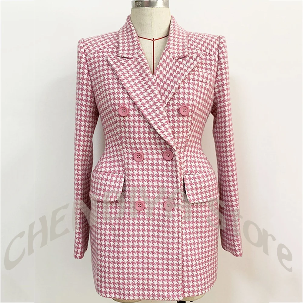 

New Women's Professional Blazer Suit Jacket Pink Houndstooth Peak Lapel Long Sleeve Slim Fit Office Work Female Outerwear Coat