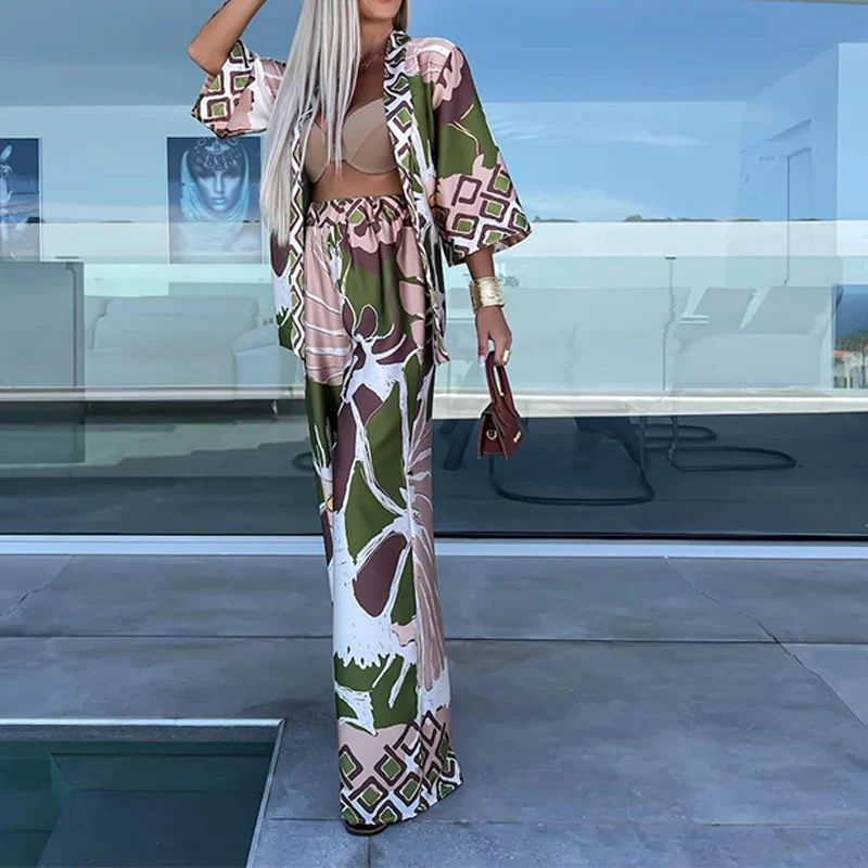 Fashion Casual Bohemia Print Loose Beach Set Spring Wide Leg Long Pants Suits Autumn Women Quarter-Sleeved Cardigan Shirt Outfit