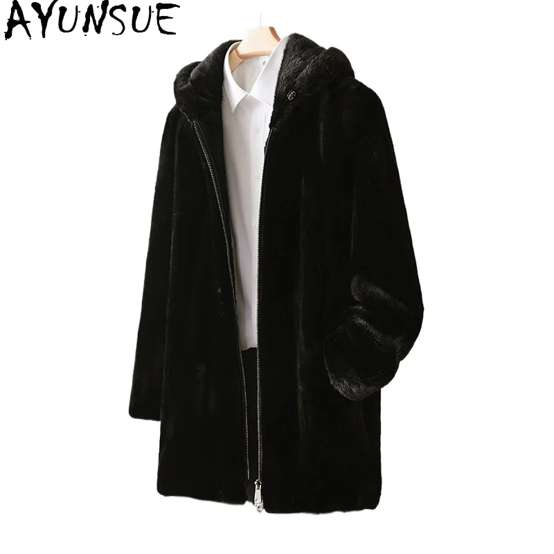 AYUSNUE Natural Mink Fur Coat Men Clothes Mid-length Winter Jacket Warm Whole Mink Real Fur Coats Male Hoodie زبر حقيقي للرجال
