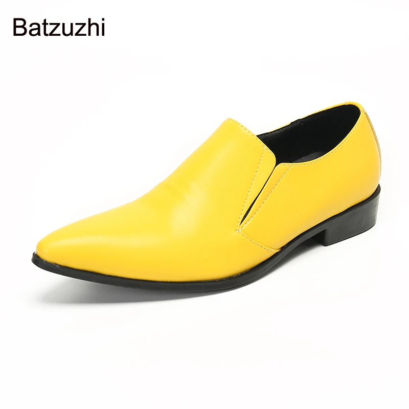 Batzuzhi Fashion Handmade Men\'s Shoes Bright Color Yellow Men Leather Dress Shoes Pointed Toe Party and Wedding Shoes Male!