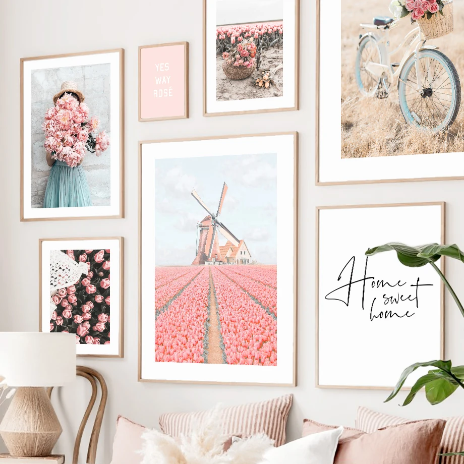 1PC frameless decorative art print,Pink Lily Rose Peony Girl Flowers Wall Art Canvas Painting Nordic Posters and Prints Pictures
