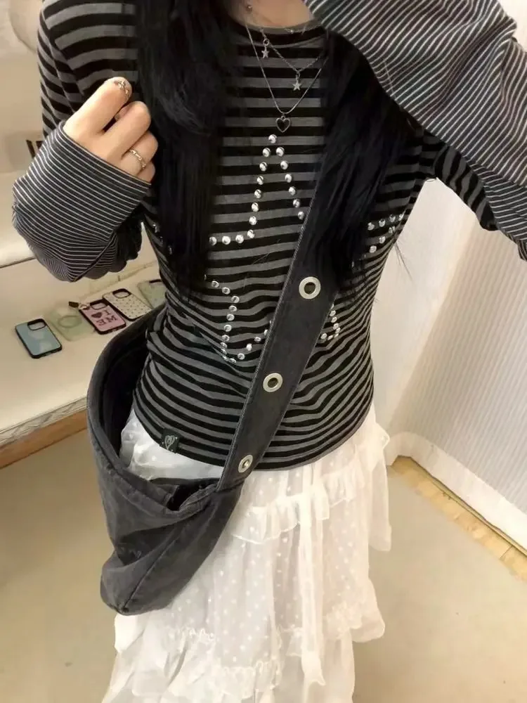 النساء تي شيرت ستار الحفر الساخن مخطط وهمية قطعتين المرقعة كم طويل الخريف موضة Y2k بلايز أنثى عادية المحملة #3