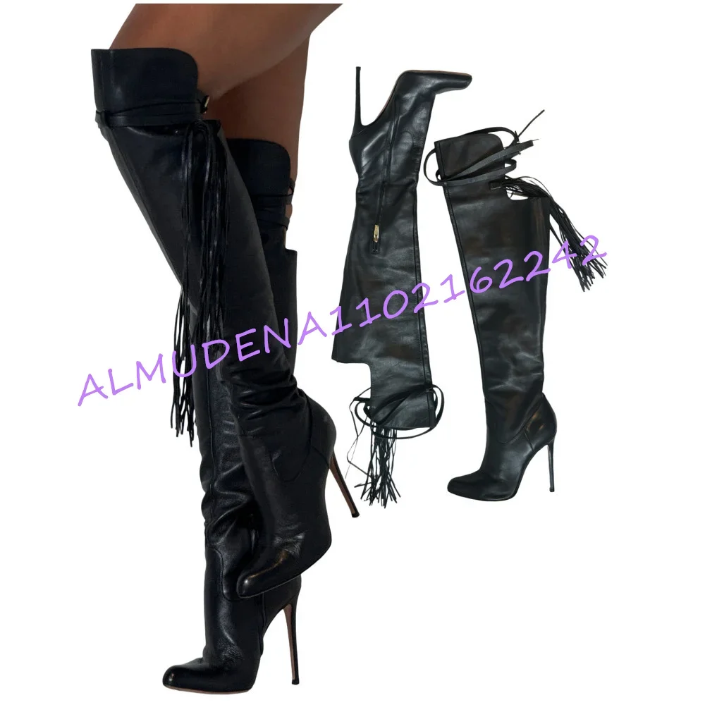 Women Pointed Toe Over The Knee High Heel Boots Black Fringe Buckle Strap Stiletto Thigh High Boots Side Zipper Tall Booties 46