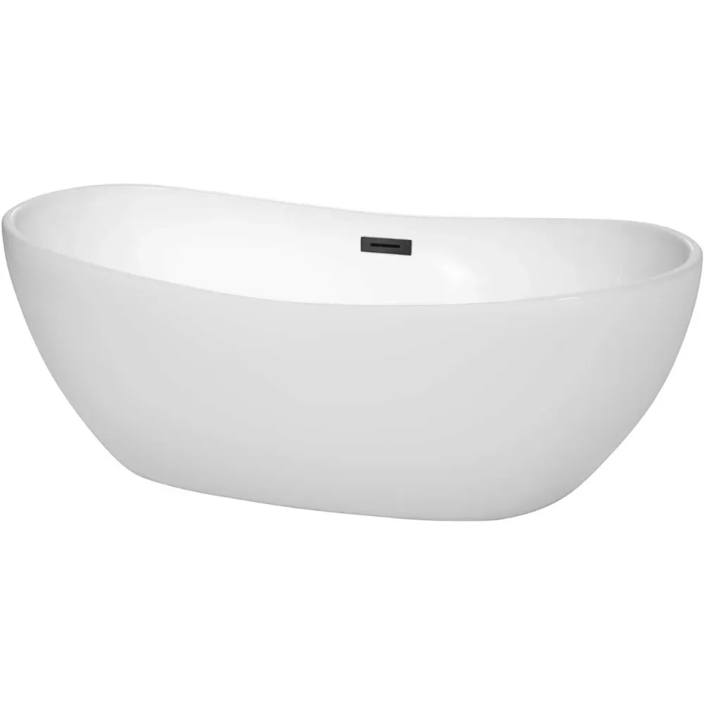 

65" Inch Stylish Freestanding Bathtub in Glossy White, Featuring Matte Black Drain & Overflow Trim for a Comfortable