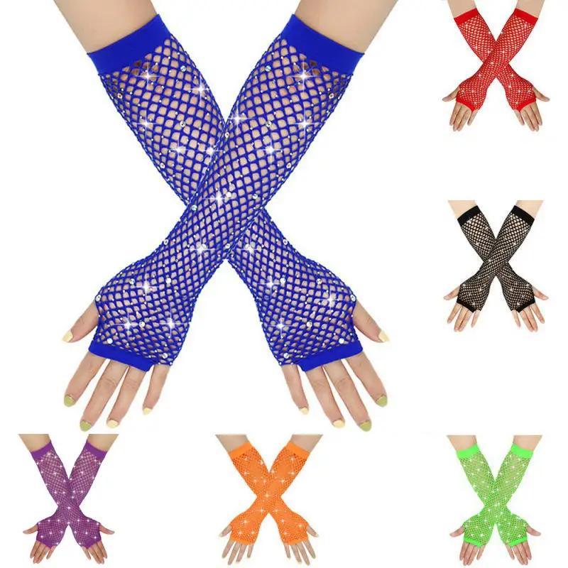 Gants transparents à manches en résille pour femmes, manchettes élastiques, maille de danse, rétro, fête, Club, Sexy, diamant, manches longues, gants brillants