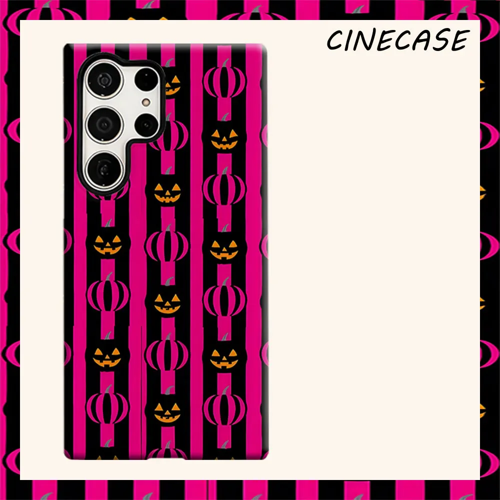 pink black halloween pumpkin stripe For Samsung Galaxy S26 S25 S24 A56 A36 Dual Layer Luxury Fashion Full Lens Protective Case