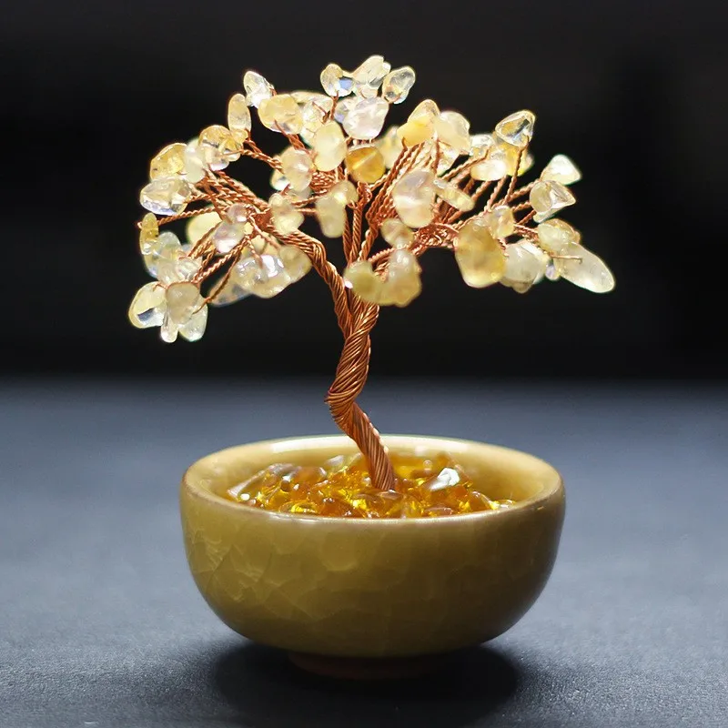 Natural Yellow Purple Pink Crystal Peach Blossom Tree Jewelry Desktop Gift Ornament