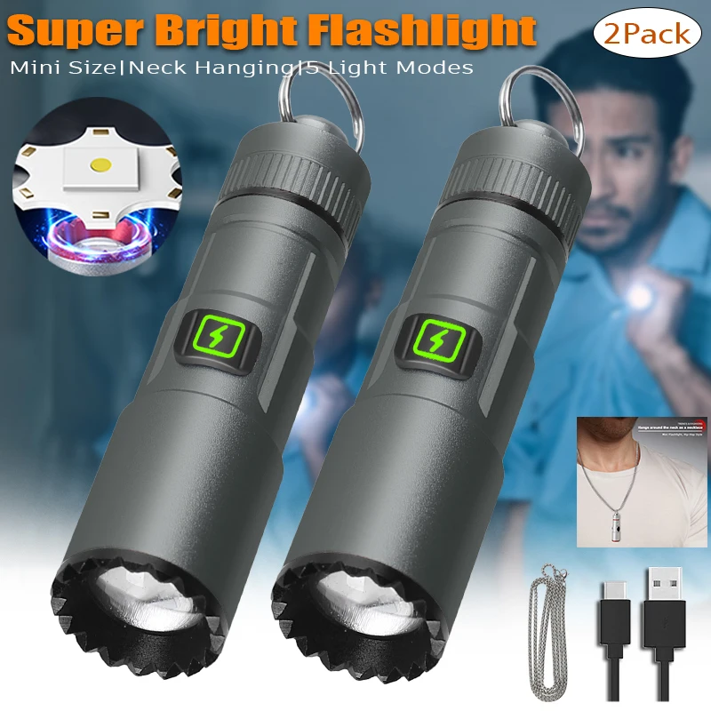 2Pack EDC Mini Keychain Flashlight With Neck Chain USB Rechargeable Torch Portable Waterproof Light for Camping Hiking Kid Gift