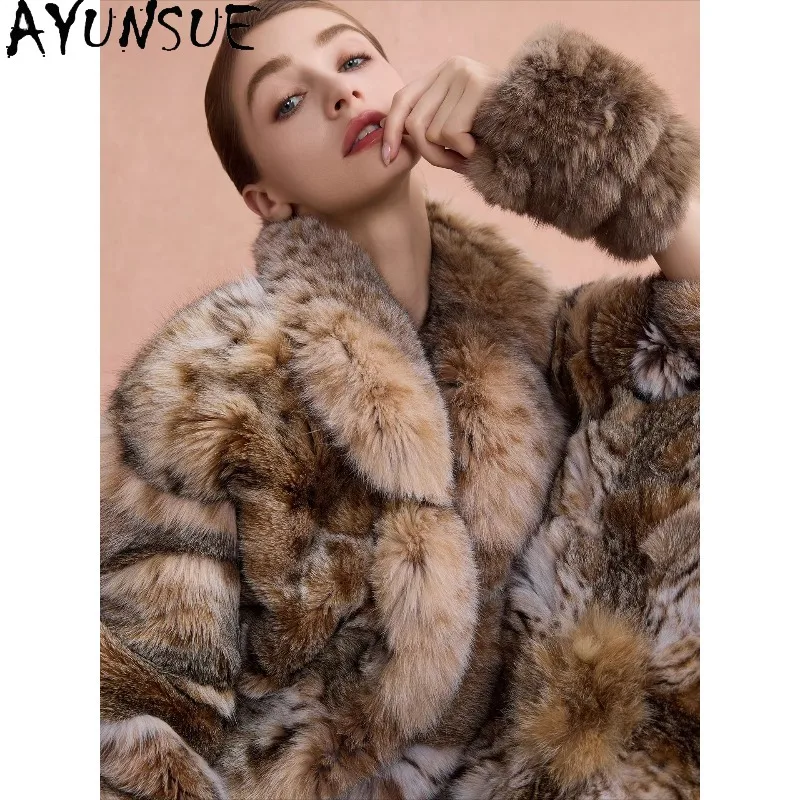 เสื้อโค้ทขนสิงโตแท้ AYUNSUE สำหรับผู้หญิง ปกเสื้อแบบสูท แจ็คเก็ตขนสั้นสำหรับฤดูหนาว เสื้อโค้ทหรูหราสำหรับผู้หญิง เสื้อผ้าผู้หญิงสุดหรู