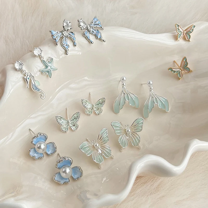 Mint Green Enamel Butterfly Series Fish Tail Flower Bowknot Stud Earrings For Women Trendy Small Niche Luxury Animal Accessories