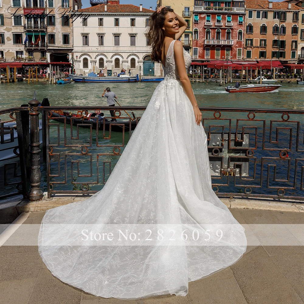 Lceland Poppy Sexy A Line V Neck See Through Lace Wedding Dresses High Slit Bridal Gowns with Chapel Train