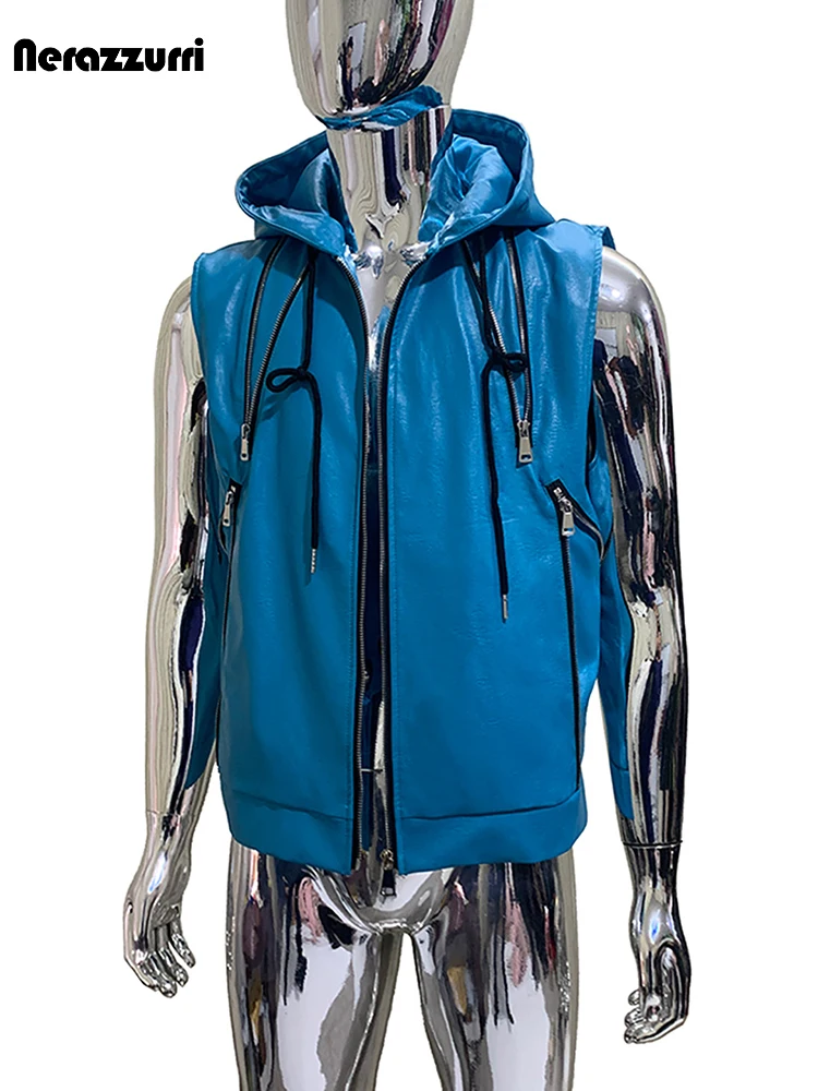 Nerazzurri Summer Autumn Short Blue Pu Leather Vest for Men with Drawstring Hood Zipper Sleeveless Jacket Men Menswear Clothing
