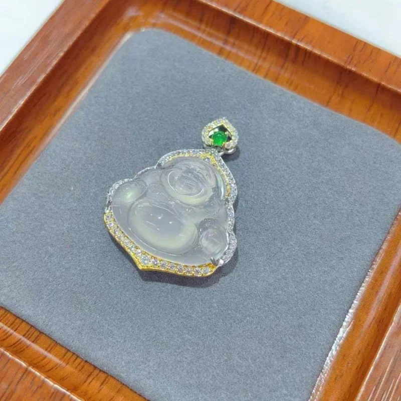 

New Natural Transparent Pendant Silver Plated Inlaid White Chalcedony Two-tone Buddha Necklace