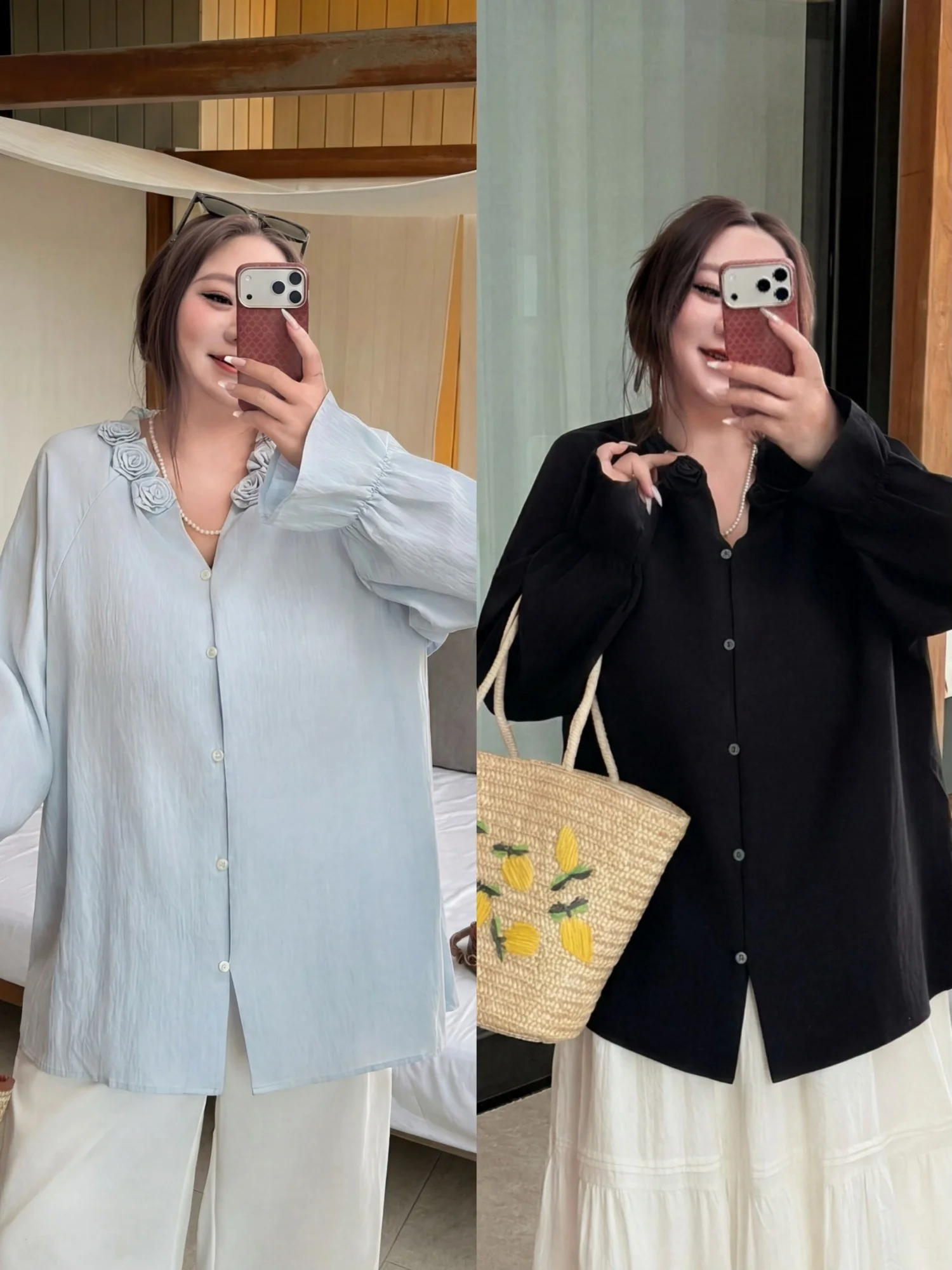 

plus Size Women's V-Neck Long Sleeve Shirt Summer New Style Commute Loose Meat Covering Thick Sister Fashion Casual Inner Wear