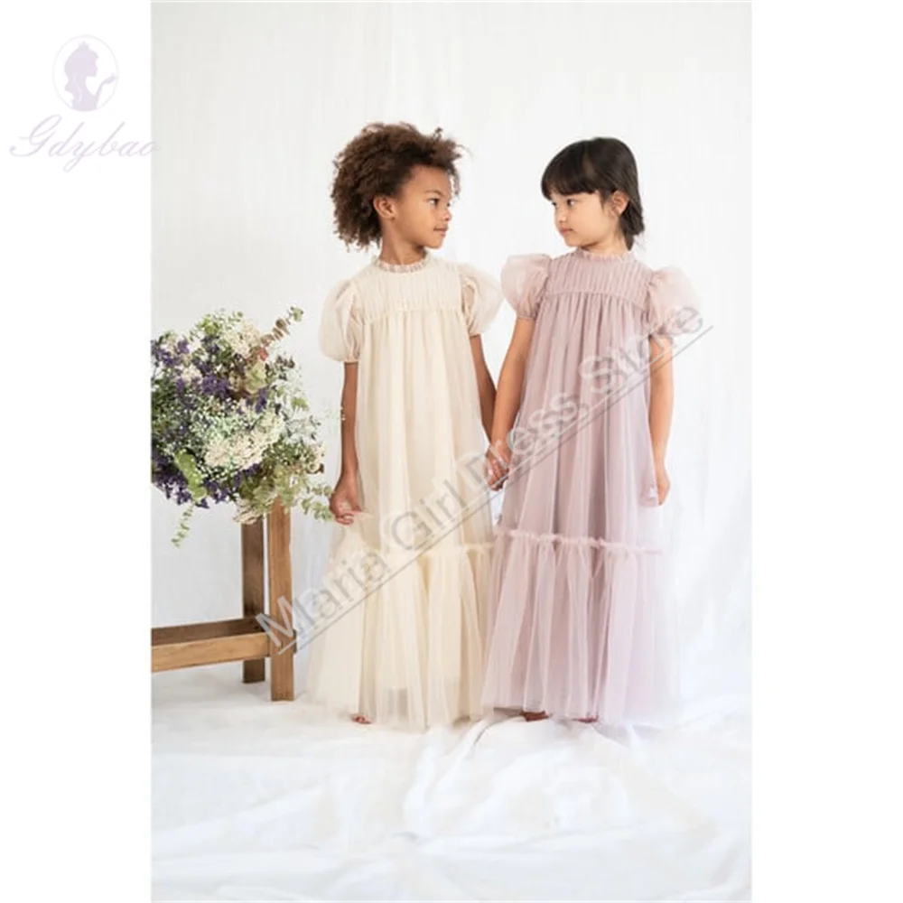 Girl Dresses Wedding Fluffy Mesh Bubble Short-sleeve Long Dress Suitable Celebrity Events Children's Piano Solo Performances