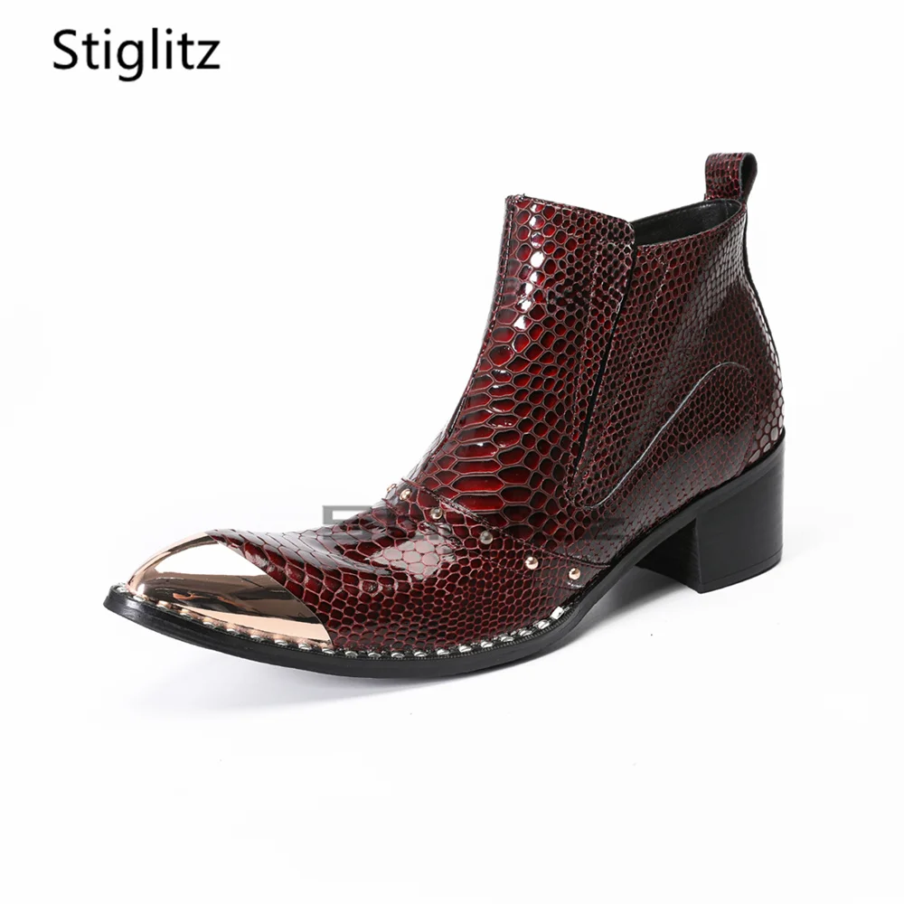 

Men's wine Red Snakeskin Prints Chelsea Boots High Heels Metal Pointed Toe Genuine Leather Ankle Boots Business Wedding Shoes