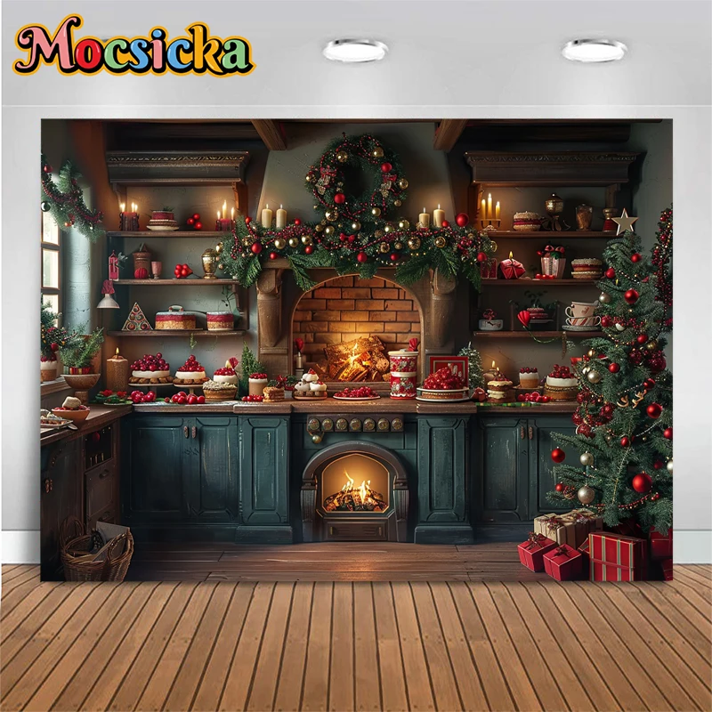 Christmas Wooden House Photography Background Fireplace Christmas Tree Backdrop Decoration Baby Shooting Props Fond Photo Studio