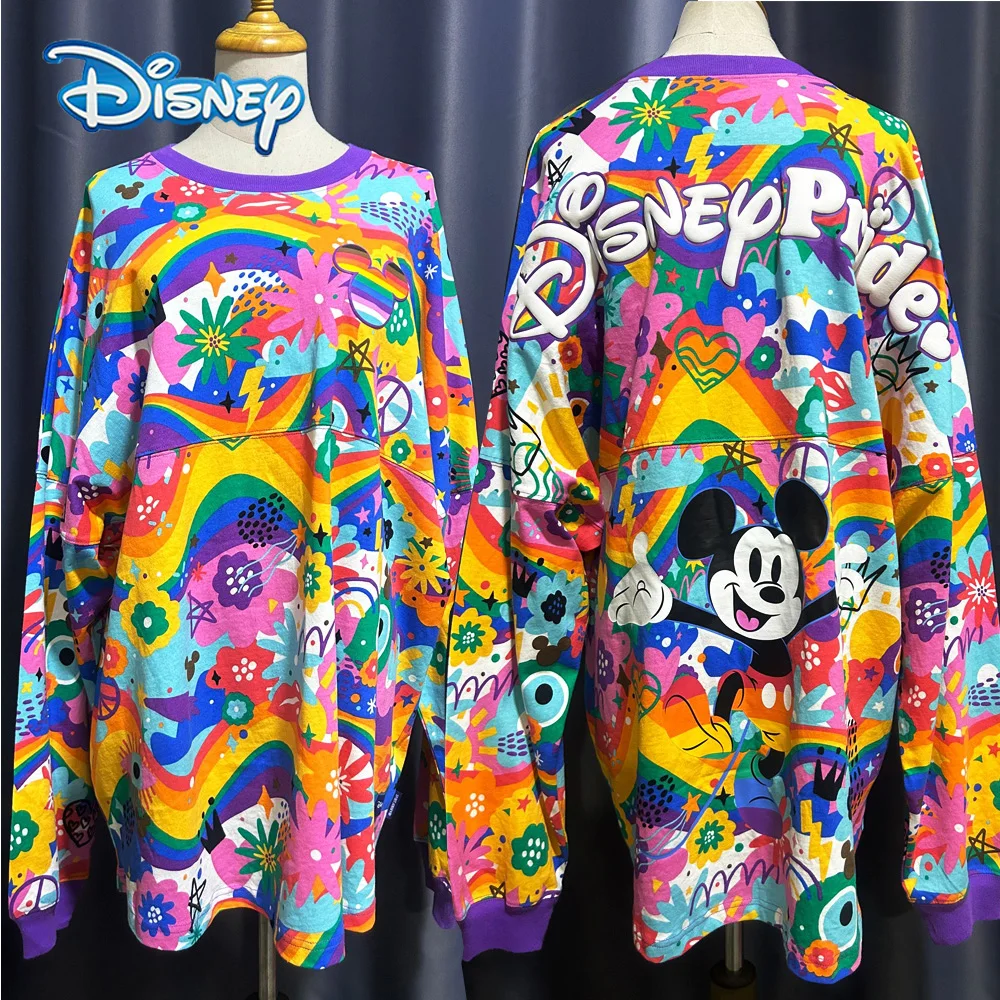 Disney Women 100th Anniversary Couple Mickey Mouse Pride Disneyland Hoodies Sweatshirt Rainbow Multicolor Loose O-Neck Jumper