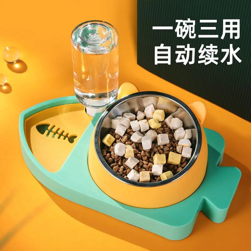 Bowl Double Bowl Automatic Drinking Water Cervical Vertebra Dog Food Bowl Anti-Tumble Rice Food Drinking Bowl