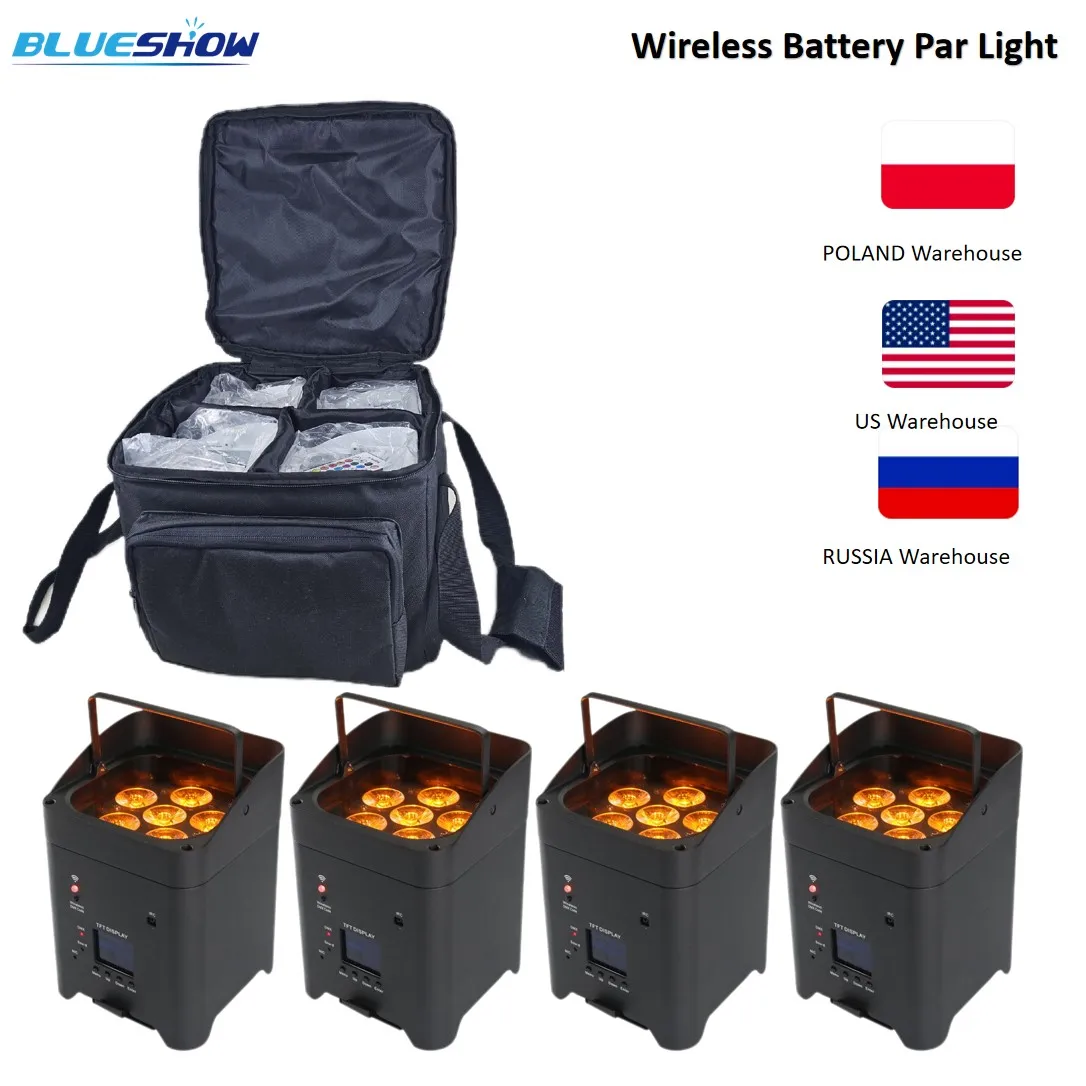 4pcs Wireless Battery Par light with Bag 6x18W RGBWAUV 6IN1 Remote Portable Par LED Stage Lights Par Can