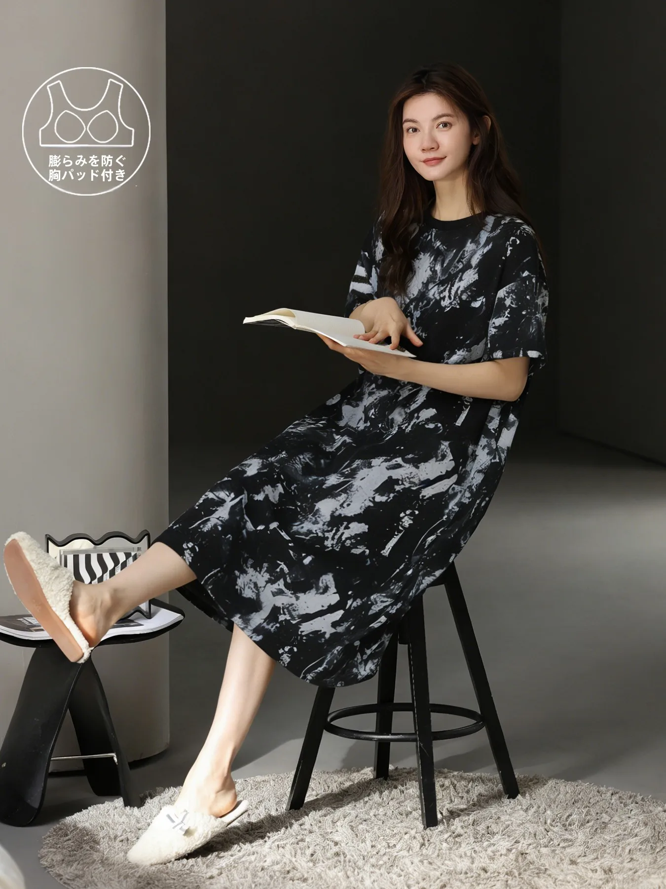 軽量純綿半袖スリープドレス女性のミッドレングスホーム服夏の新しいスタイル夢のようなシンプルなプリントナイトガウン