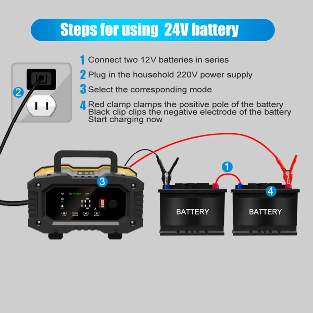 For AGM GEL SLA Lead-Acid LiFePO4 Smart Battey Charger Car Motorcycle Battery Charger Handheld 7-stage 12V-24V