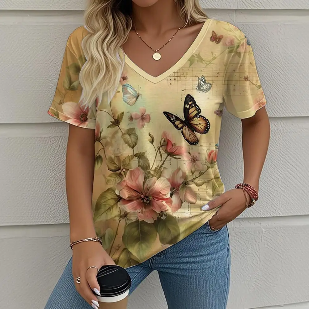 Summer Casual Women's T-Shirt 3D Butterfly Print Short Sleeve Tee Fashion V-neck Loose Tops Funny Flower Pattern Female Clothing