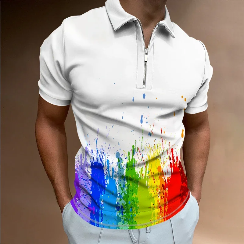 

Summer men's short sleeved T-shirt watercolor graffiti 3D print lapel zipper polo shirt Harajuku street casual polo shirt tops