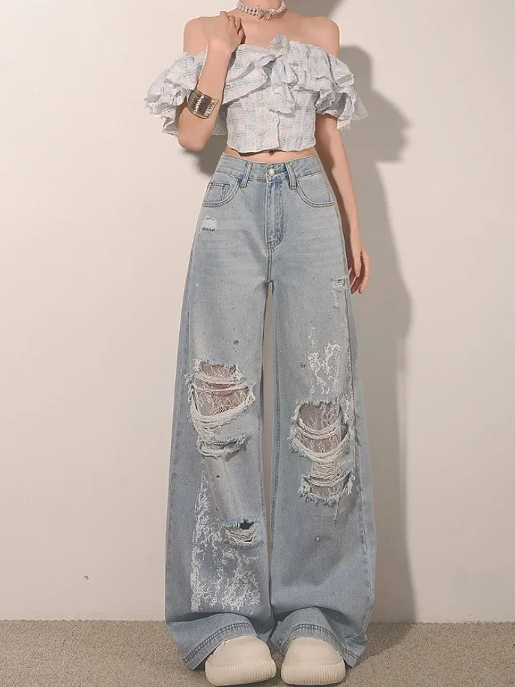 Y2K Streetwear Ripped Lace Rhinestone Jeans High Waist Wide Leg Straight Pants Women Summer Loose Vintage Bleach Denim Trousers