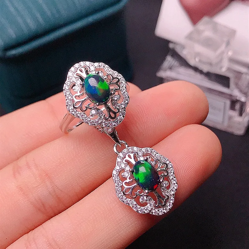 S925 Silver Handcrafted Vintage Hollow Carving Jewelry Set Natural Black Opal 5*7mm Oval Stone Halo Crystal Ring & Necklace