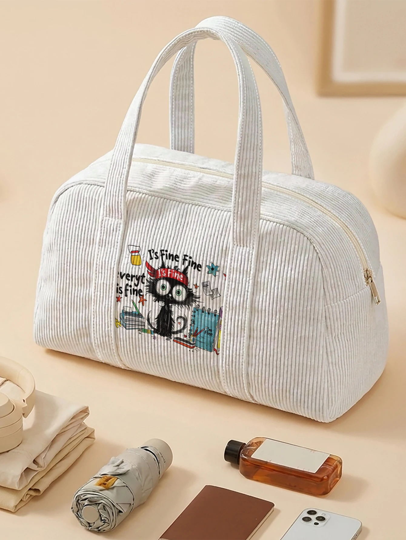 Cartoon Cat Print Handbag Large Capacity Corduroy Tote Bag For Travel Shopping Daily Use