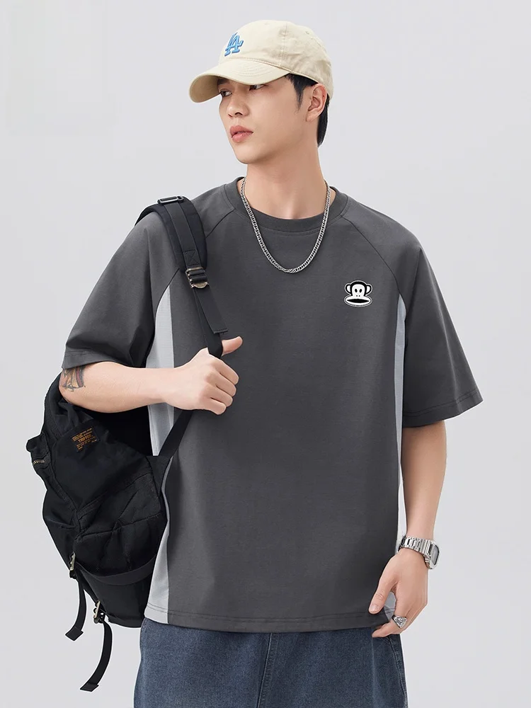 

Мужская летняя футболка свободного кроя из ледяного шелка с коротким рукавом, тонкая, повседневная, универсальная, с принтом «Обезьяна с большим ртом» и цветными блоками