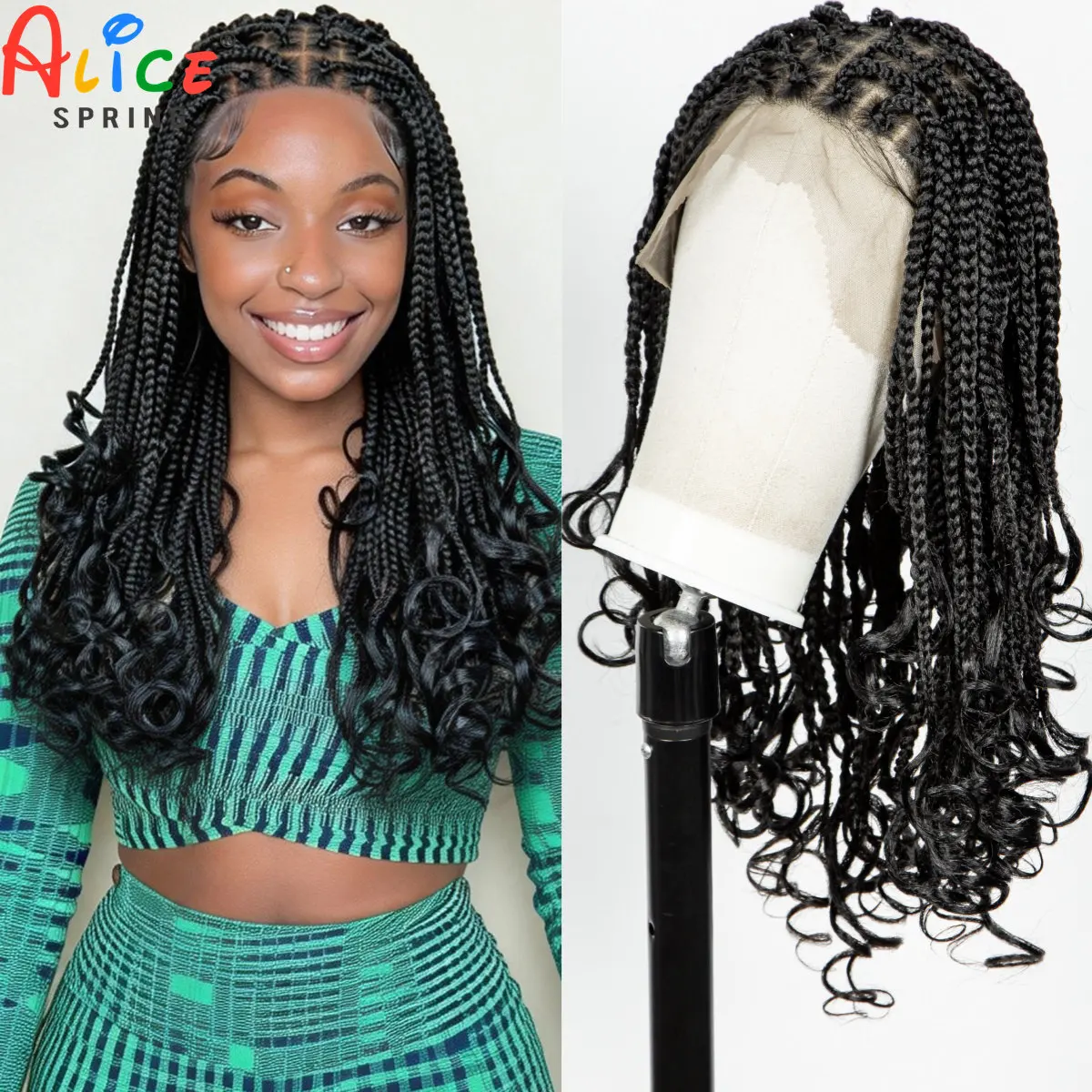 360 °   Synthetische Knotless Box Braids Perücke mit Baby Hair, Boho Braided Lace Wig mit lockigen Enden für Damen
