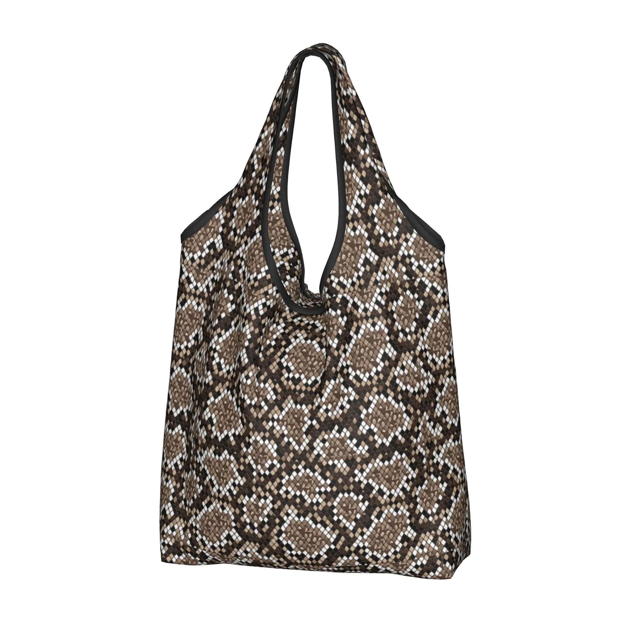 Cute Printed Snake Skin Large Reptile  Shopping Tote Bag Portable Shopper Shoulder Brown White  Handbag