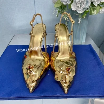 Fretwork High Heels Luxury Ladies New Gold Flower Carving Slingback Sandals Ruffle Stiletto Hollow Design Fashion Sexy Shoes