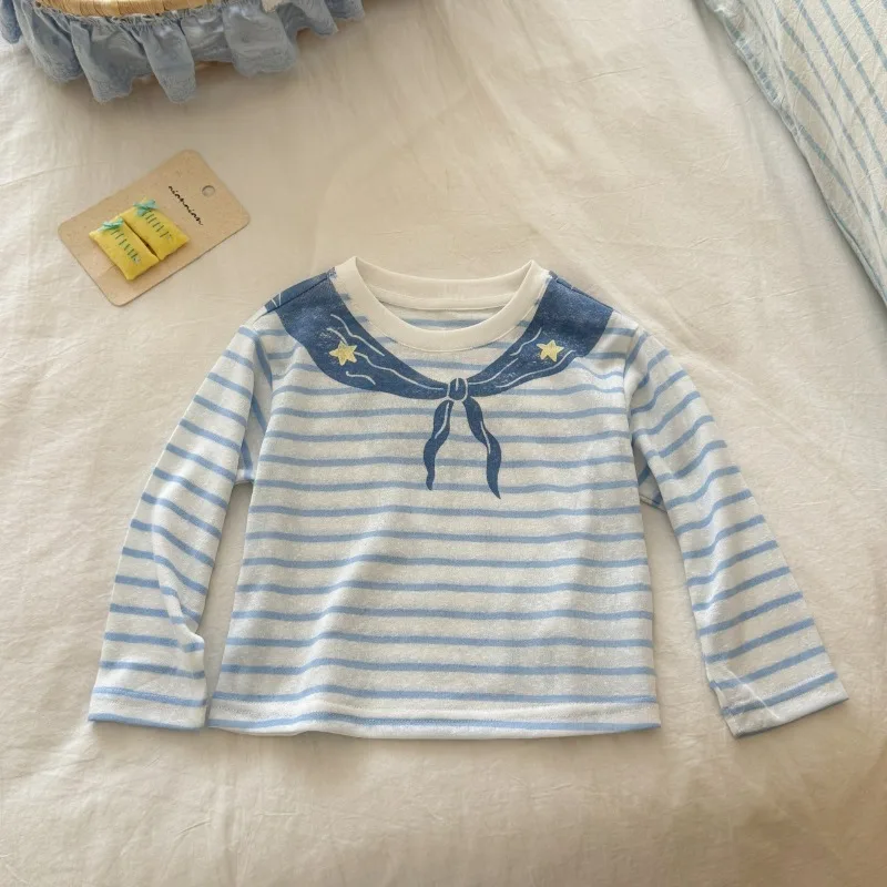 New Style Fake Two-piece Striped Long Sleeved T-shirt Children's Sunscreen Shirt, Blue and White Striped Top