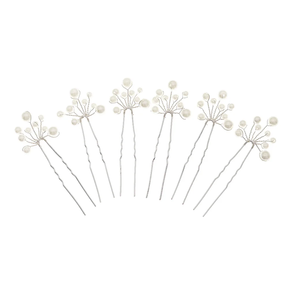 

6 Pcs U Shape Hairpin Bridal Pearl Silver Wedding Accessory Elegant Lightweight Durable Color Fast Banquet Party