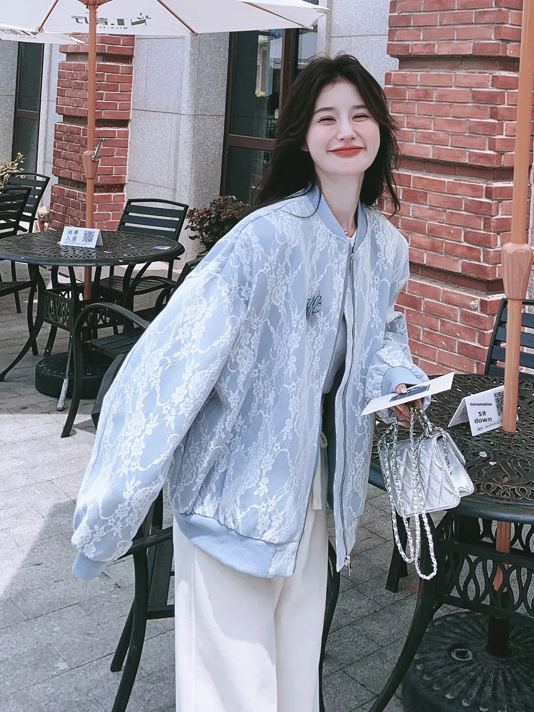 Blue Lace Splice Baseball Jaet Women's Casual Sle ort Coat Autumn New Arrival Small Size High-End Feeling Ladies Top