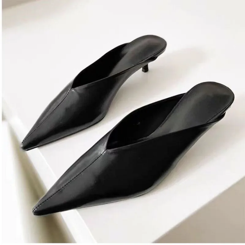 Pointed Leather Short Heel Muller Slippers 5cm Thin Heel White Sandals 35-43 Casual Women\'s Feet Sandals V-shaped Skirt Slippers