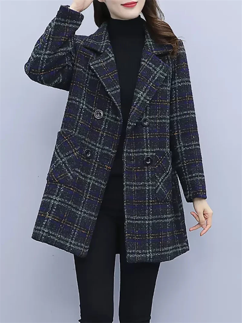 Woollen Coat Lady Spring/Winter Autumn/Winter 2022 New Small Figure Plus Cotton and Thick Plaid Medium Long Woollen Coat Commute