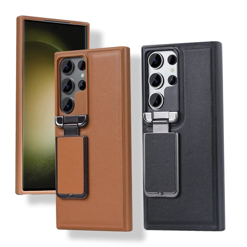 For Samsung Galaxy S23 Ultra / S24 Ultra Back Stand Holder Case Business Leather Cover Camera Lens Flip Cover Kickstand Case