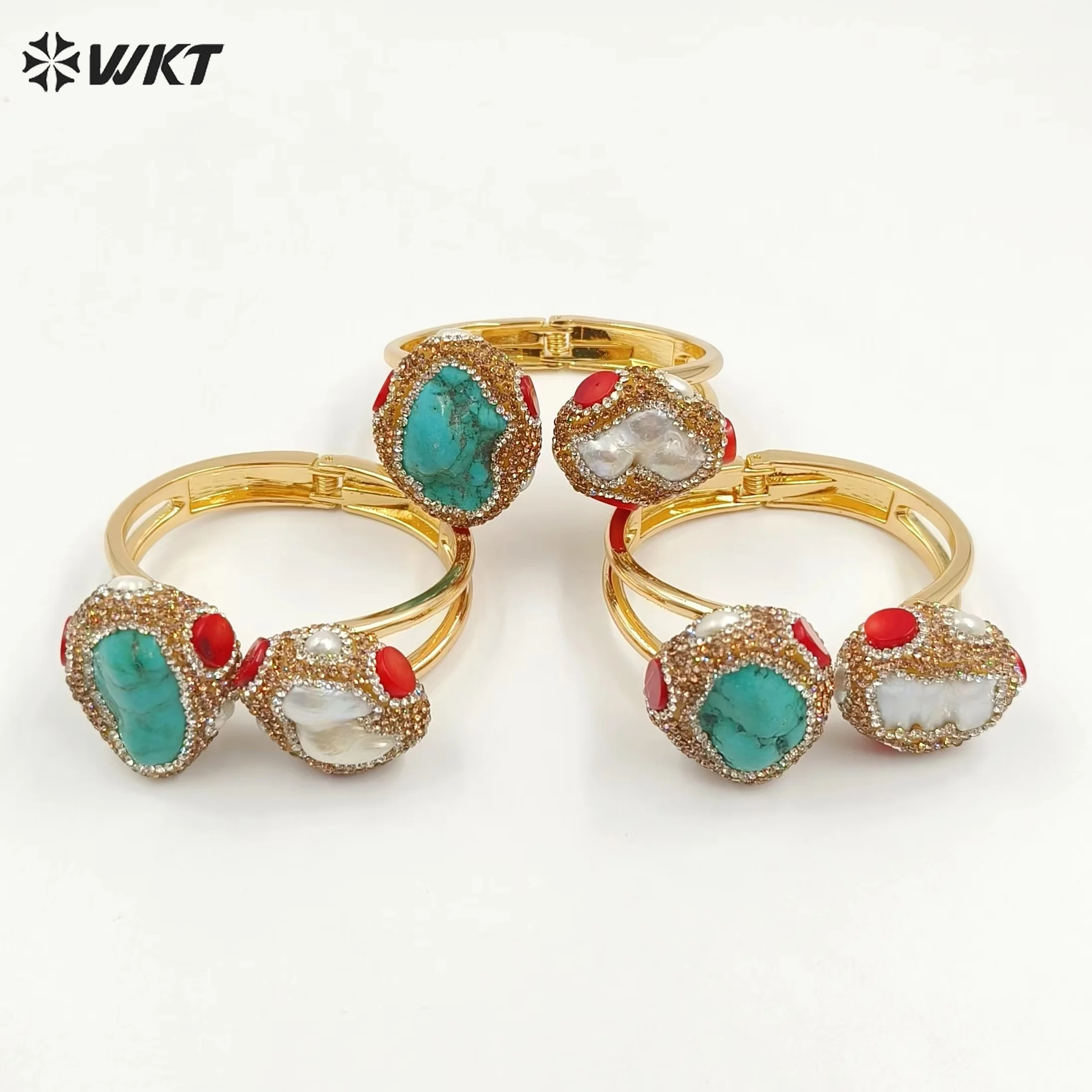 MPB107 Gorgeous Handmake Rhinestone Paved Natural Gold Plated Cuff Green Turquoise And Pearl Bangle In Retro Style 10PCS