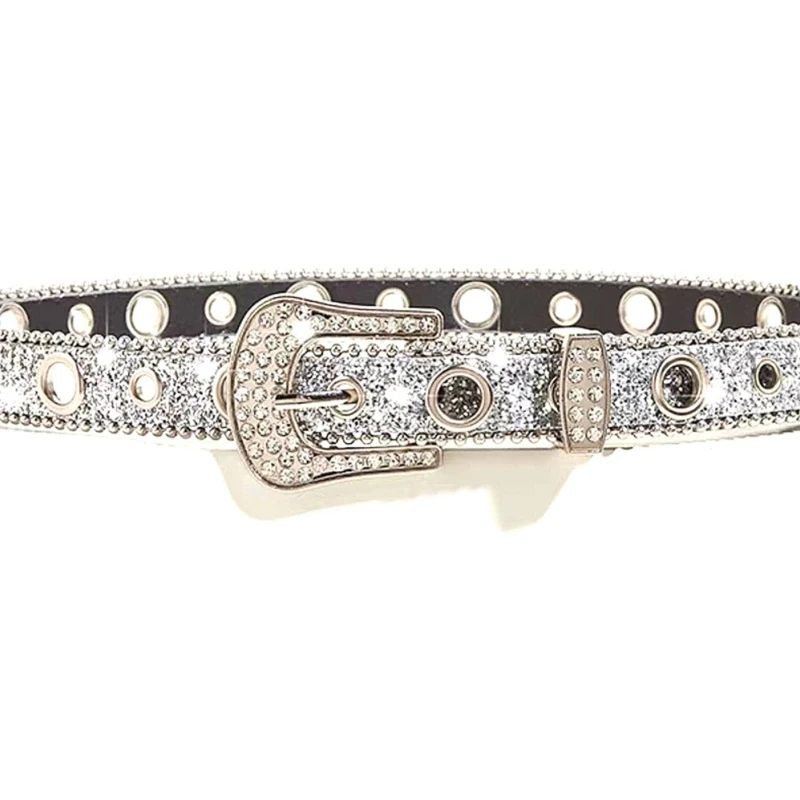 

Silver Color Waist Belt Adjustable Buckle Belts for Woman Girls Thin Full Sequins Waist Strap for Jeans Dropship