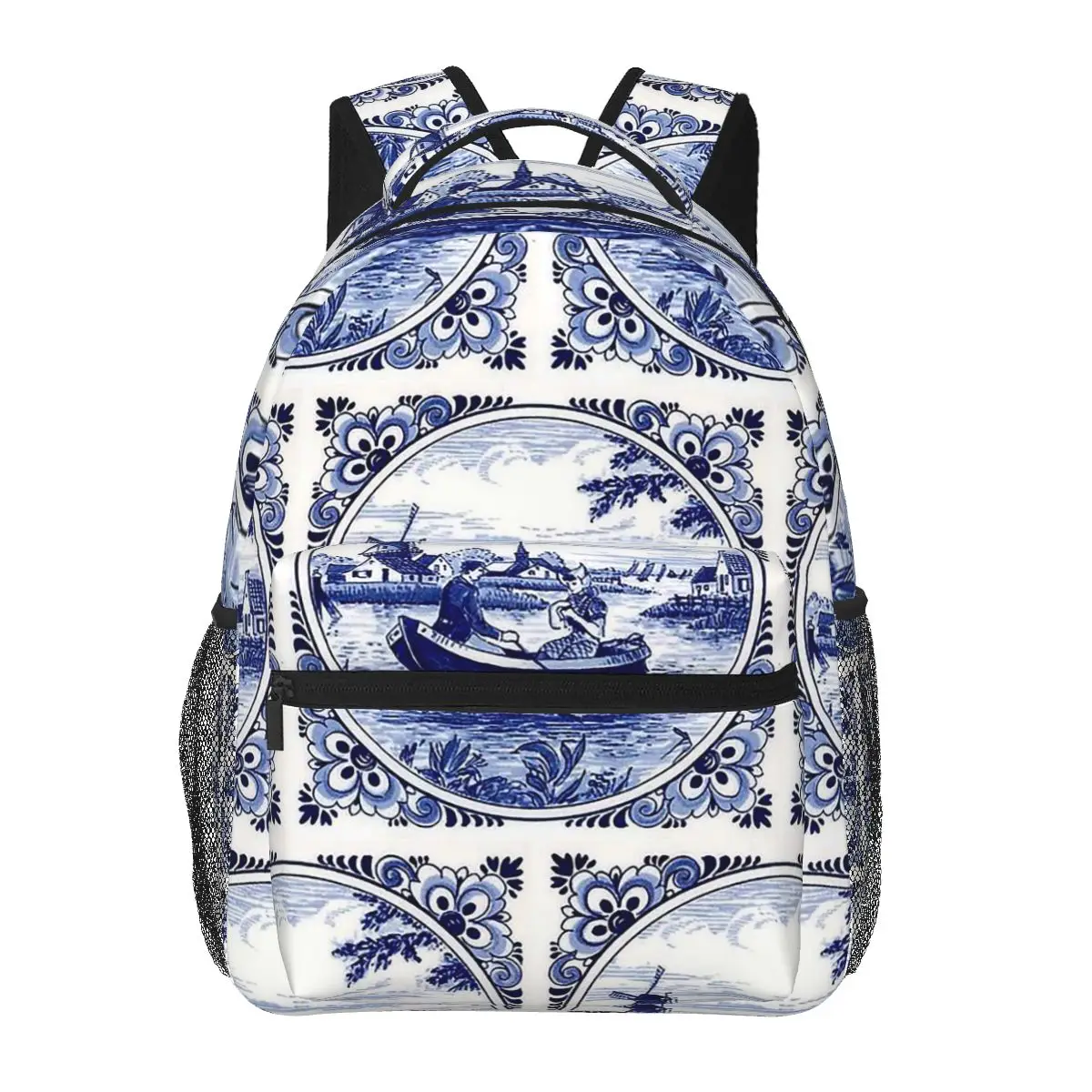 

Dutch Blue Delft Windmill Church And Sailboats Student Backpack School Bag Hiking Travel Daypack Fashion Bookbag Shoulder Bags