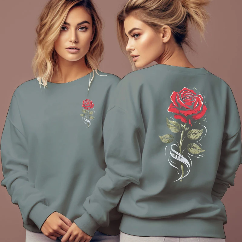 2024 New Autumn Sweatshirts Women\'s Red Rose Graphic Trend Streetwear Aesthetics Flower Trend Pullover Female Long Sleeve Hoodie