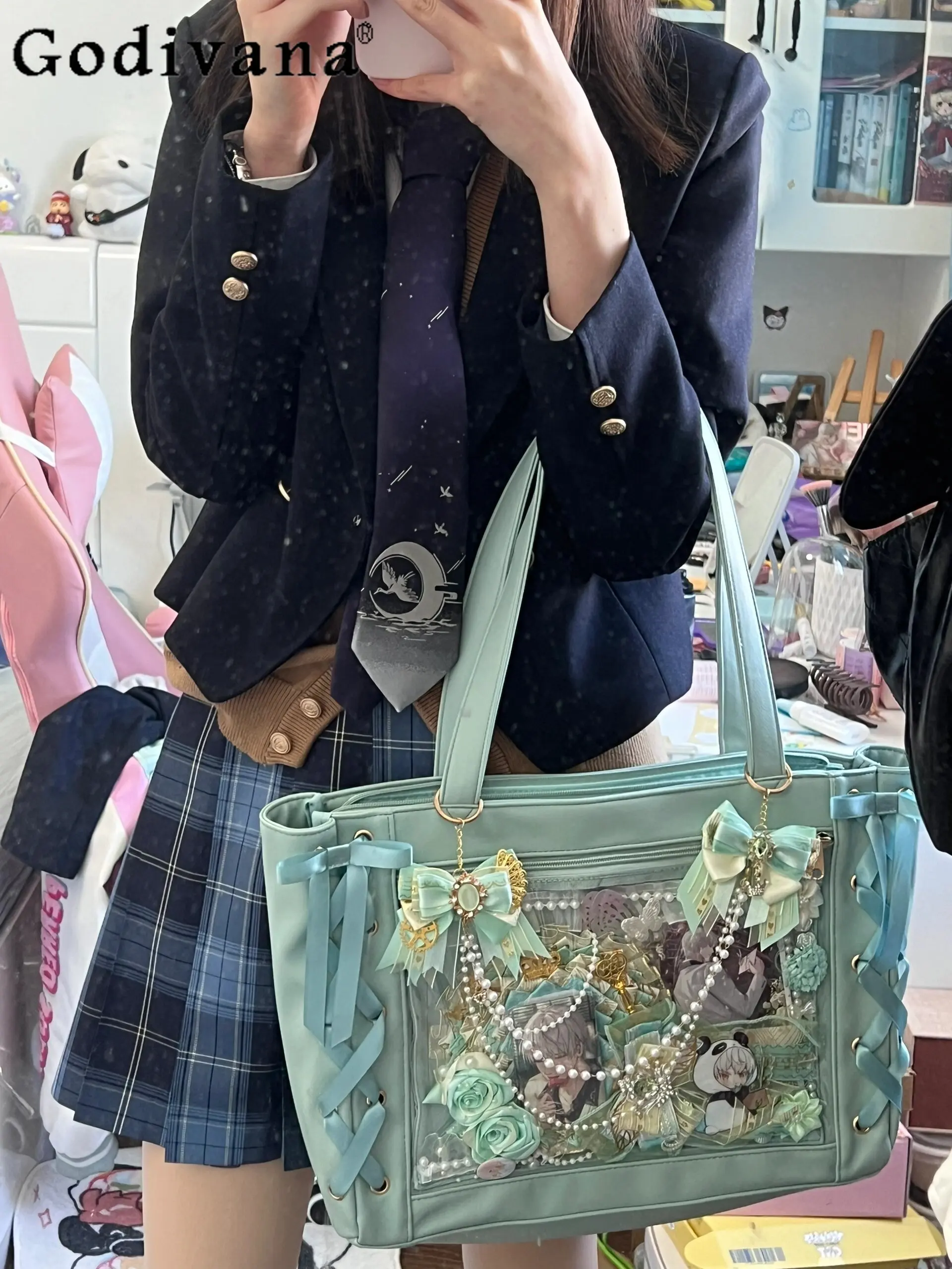 

2D Japanese Original Ribbon Transparent Pain Bag Large Capacity Fashion Daily Commute JK Uniform Shoulder Bag for Women