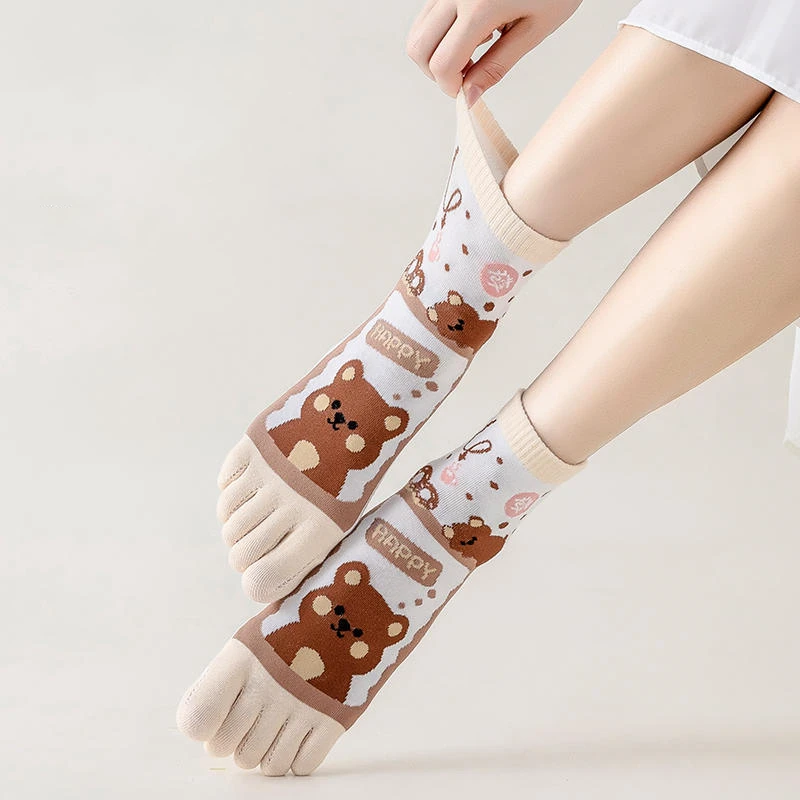 Calcetines de algodón con cinco dedos para mujer, medias con dibujos animados, transpirables, kawaii, estilo Harajuku, primavera y otoño